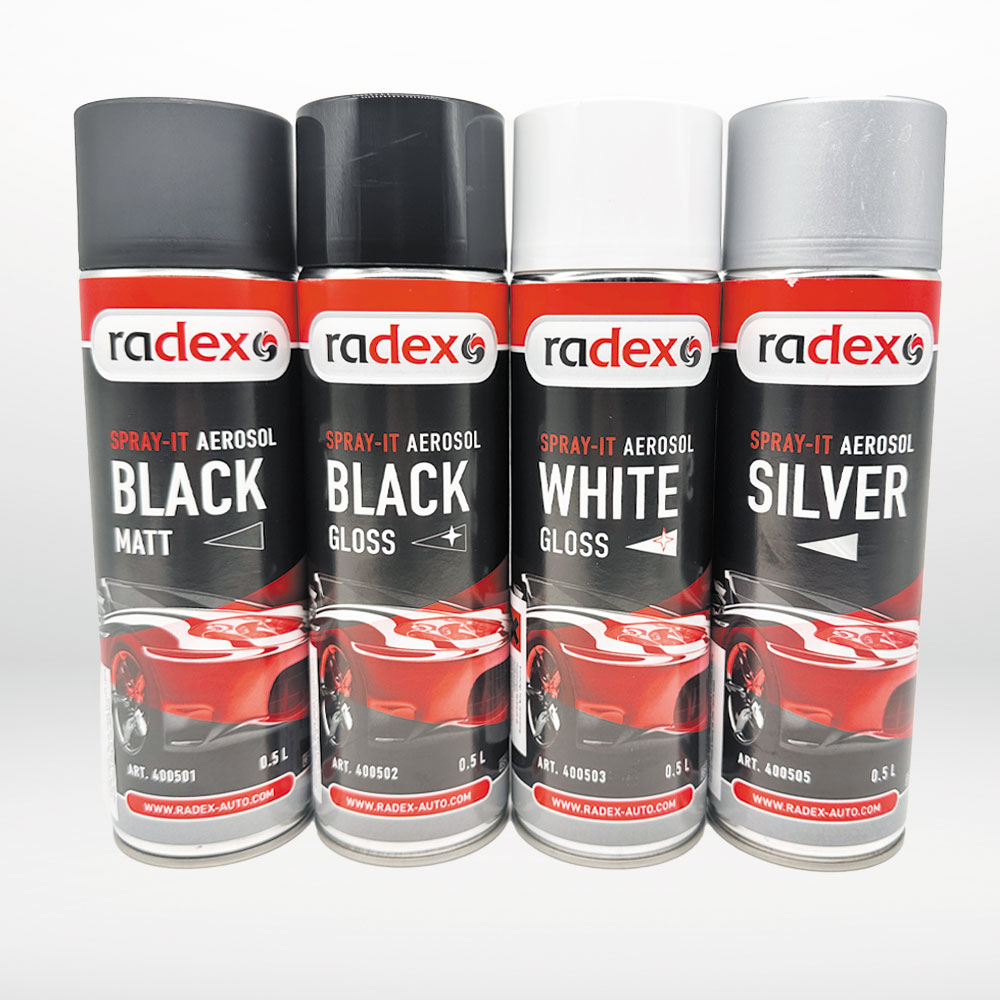 Sprayfärg i blanksvart, mattsvart, silver och vit nyans. 500 ml