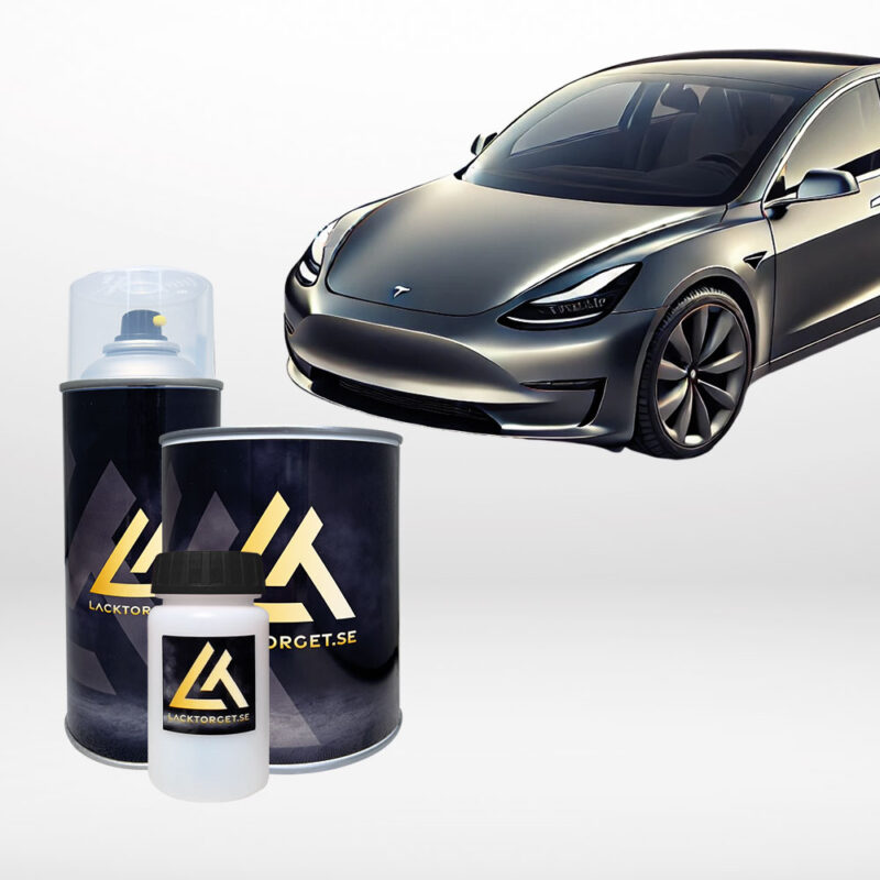 Tesla med Dolphin grey kulör. Färgkod PMTG i sprayburk, lackstift samt lösvikt.