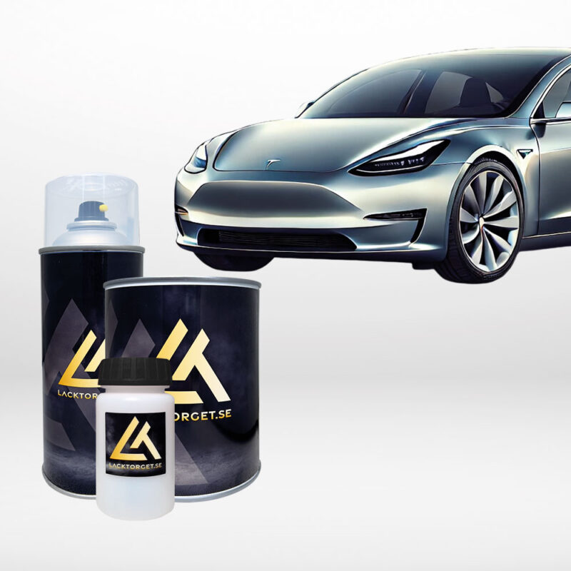 Tesla med Quicksilver kulör. Färgkod PN00 i sprayburk, lackstift samt lösvikt.