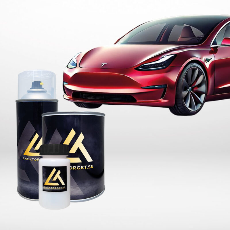 Tesla med Ultra red kulör. Färgkod PR01 i sprayburk, lackstift samt lösvikt.