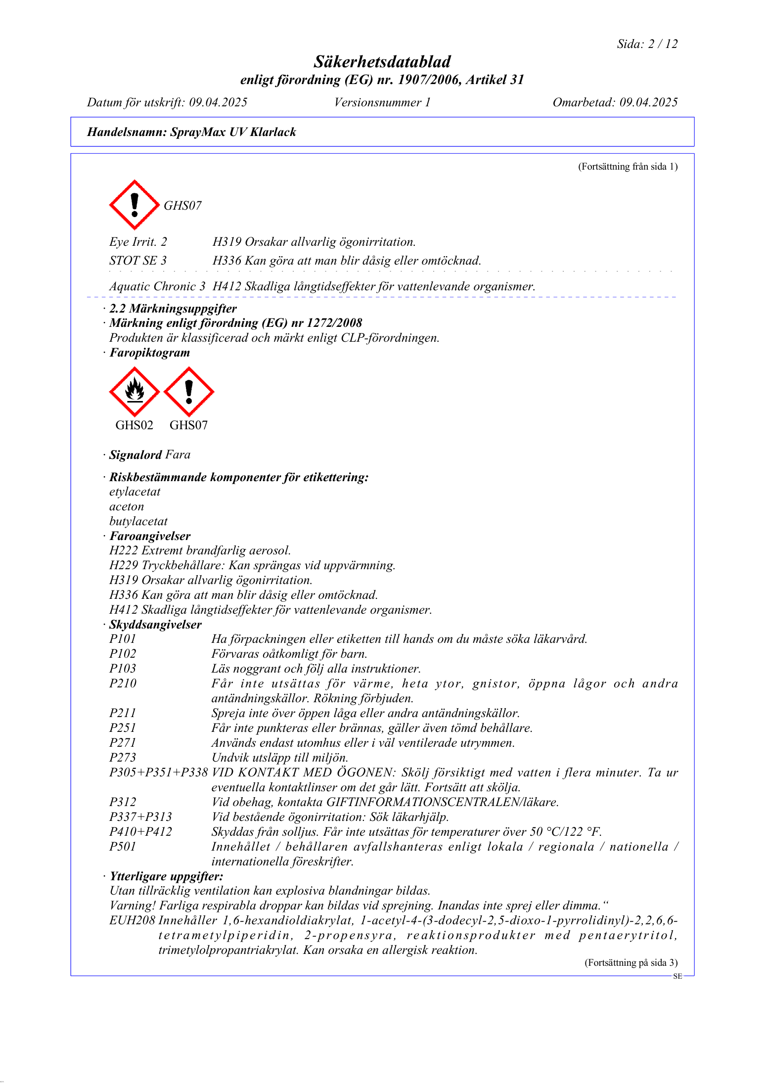 Faroangivelser och märkning för SprayMax UV Klarlack 400 ml
